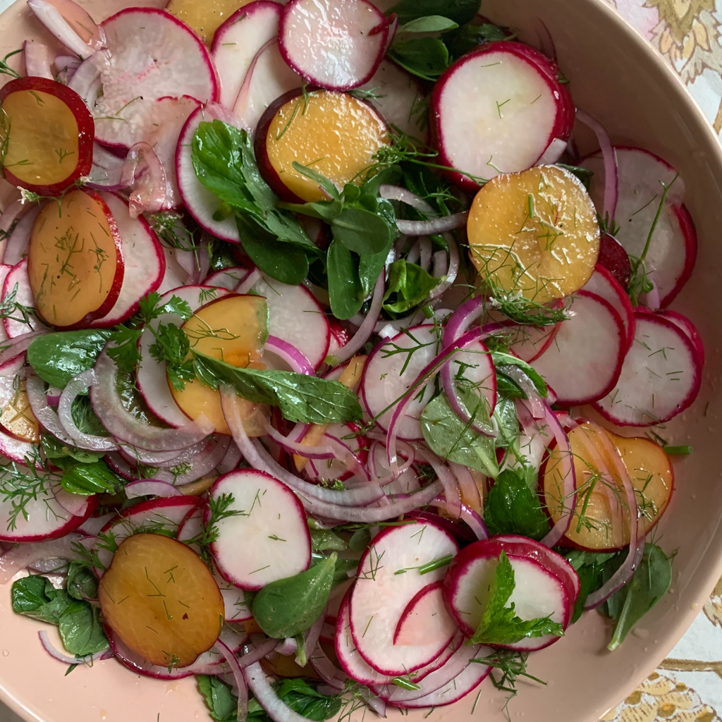 Plum, Radish, Red Onion & Herb Salad with Smoky, Hot Grilled Lamb Chops