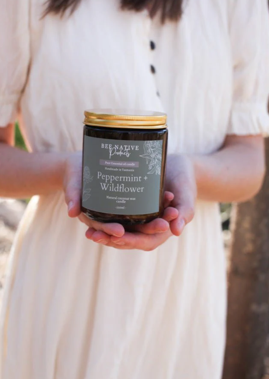 Peppermint & Wildflower Essential Oil Candle - 220ml Amber Glass Jar