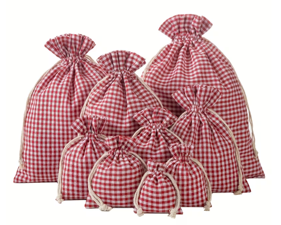 Red Gingham Drawstring Christmas Gift Bag